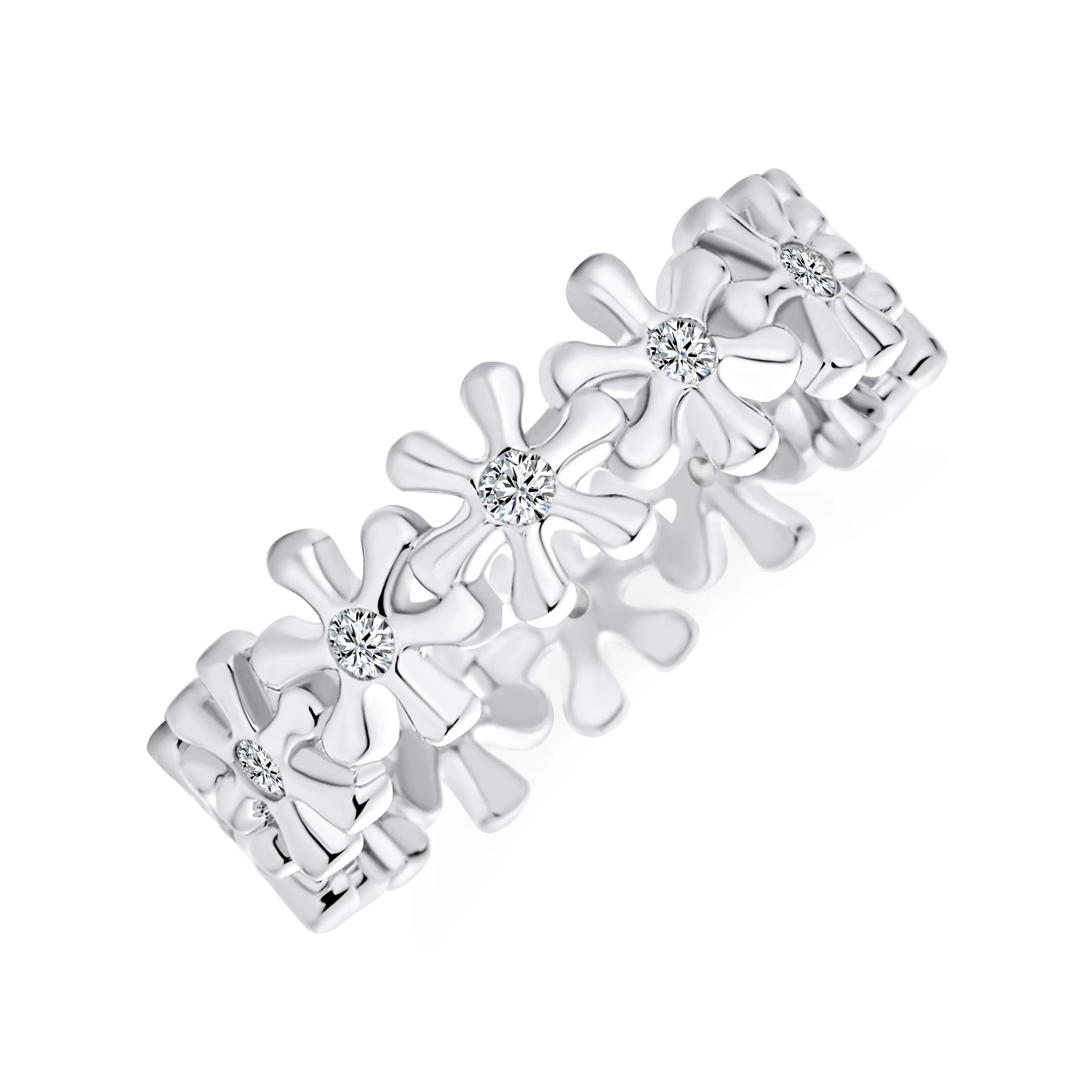 AAA CZ Round & Baguette Flower Eternity Wedding Band Ring .925 Silver