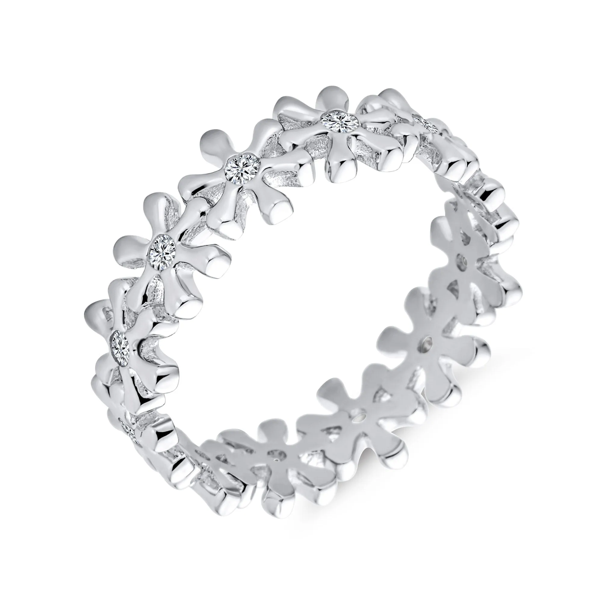 AAA CZ Round & Baguette Flower Eternity Wedding Band Ring .925 Silver