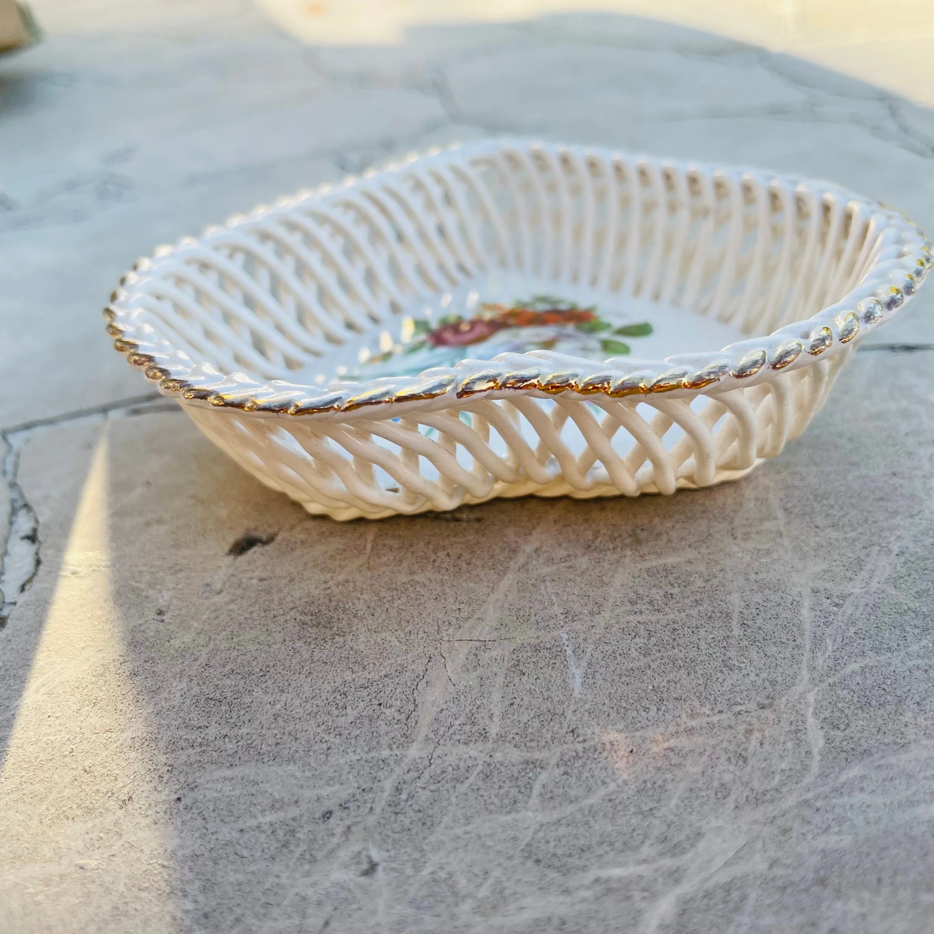 Amadeus Porcelain Lace Woven Heart Floral Basket Bowl Dish Signed Hungary
