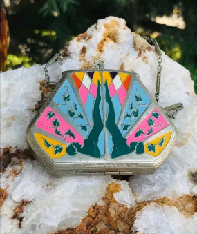 Antique Vintage Art Deco Metal Multicolor Powder Lipstick Compact Purse Handbag