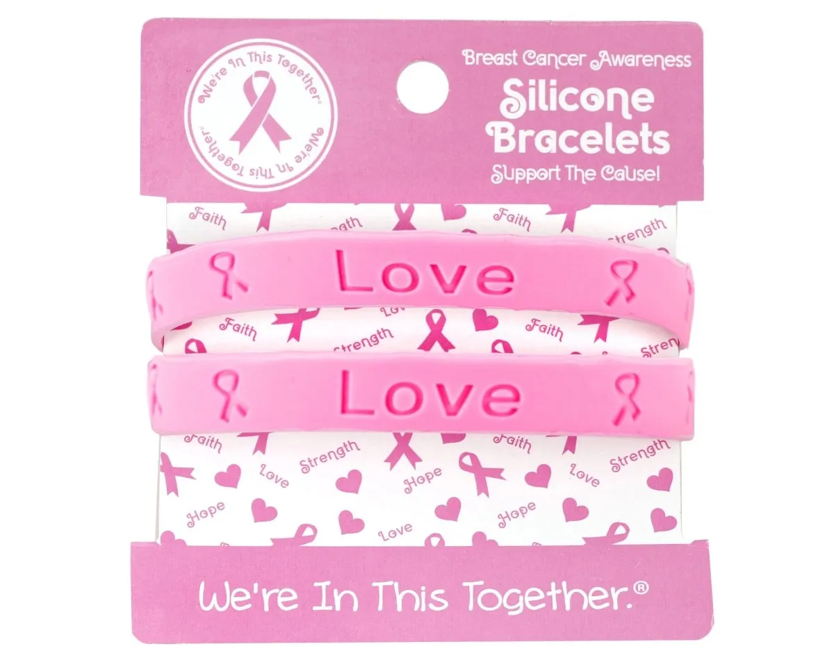 Breast Cancer Pink Silicone Bracelet Wristbands on Peg Cards