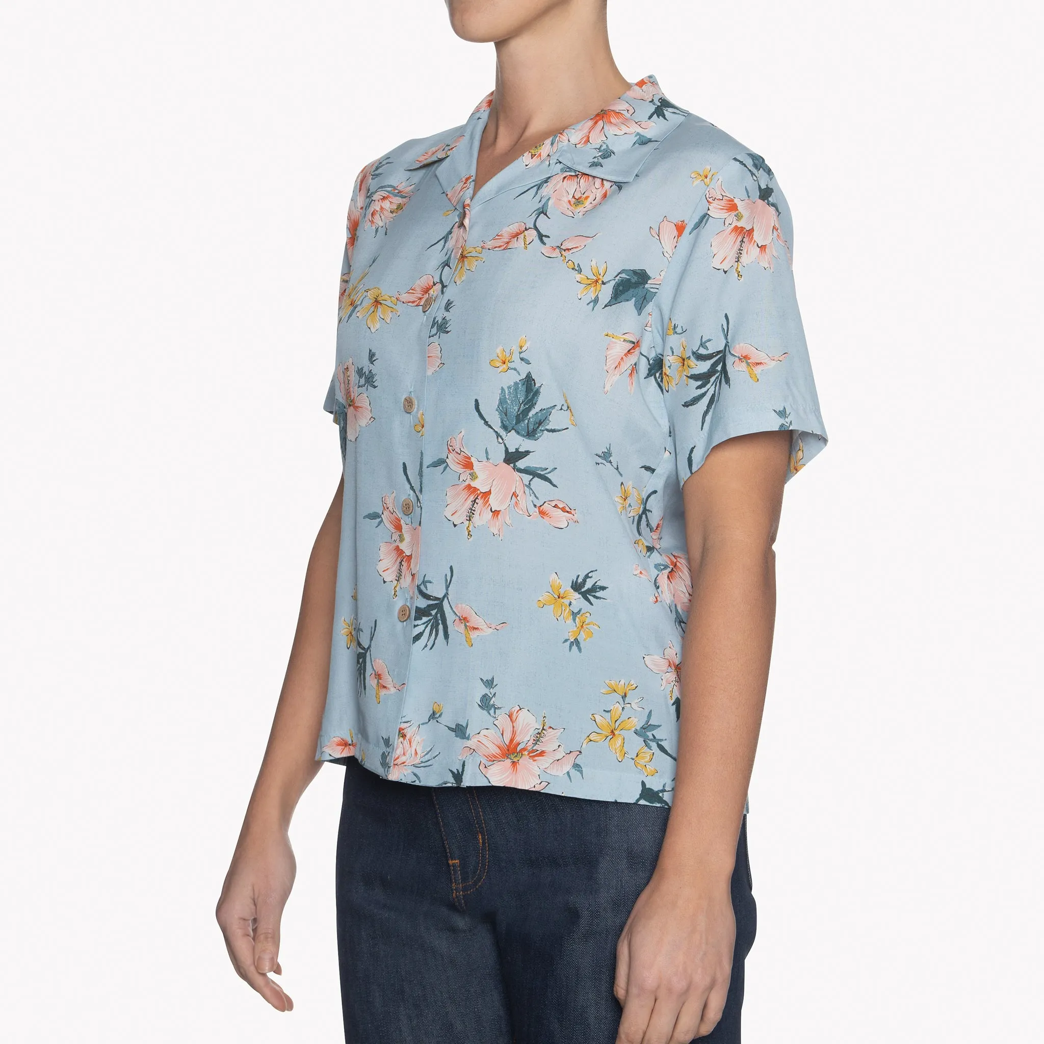 Camp Collar Shirt - Silky Flowers - Pale Blue