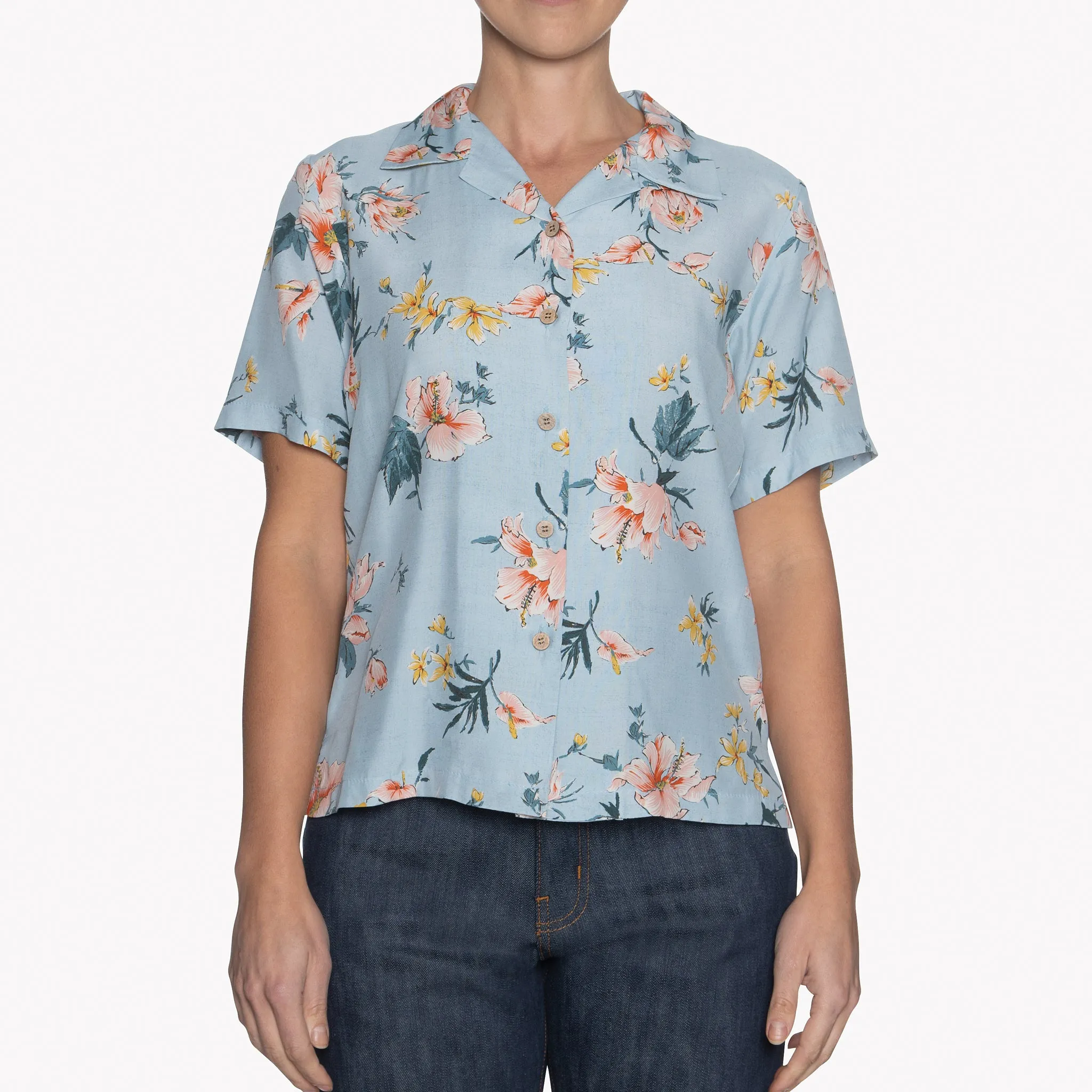 Camp Collar Shirt - Silky Flowers - Pale Blue