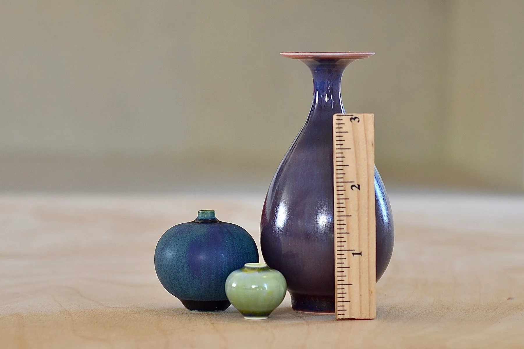 Miniature Hand Thrown Ceramic Vase Trio "A" in Purple, Turquoise and Green