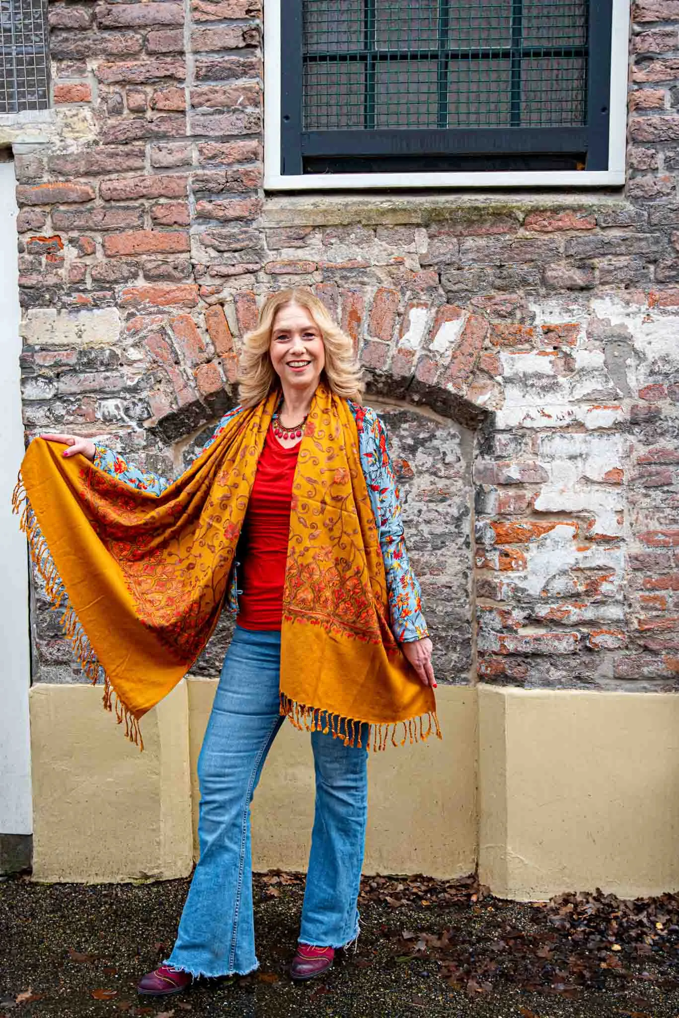 Shanila embroidery handmade scarf -ocher yellow love