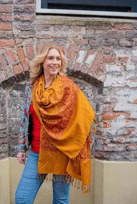Shanila embroidery handmade scarf -ocher yellow love