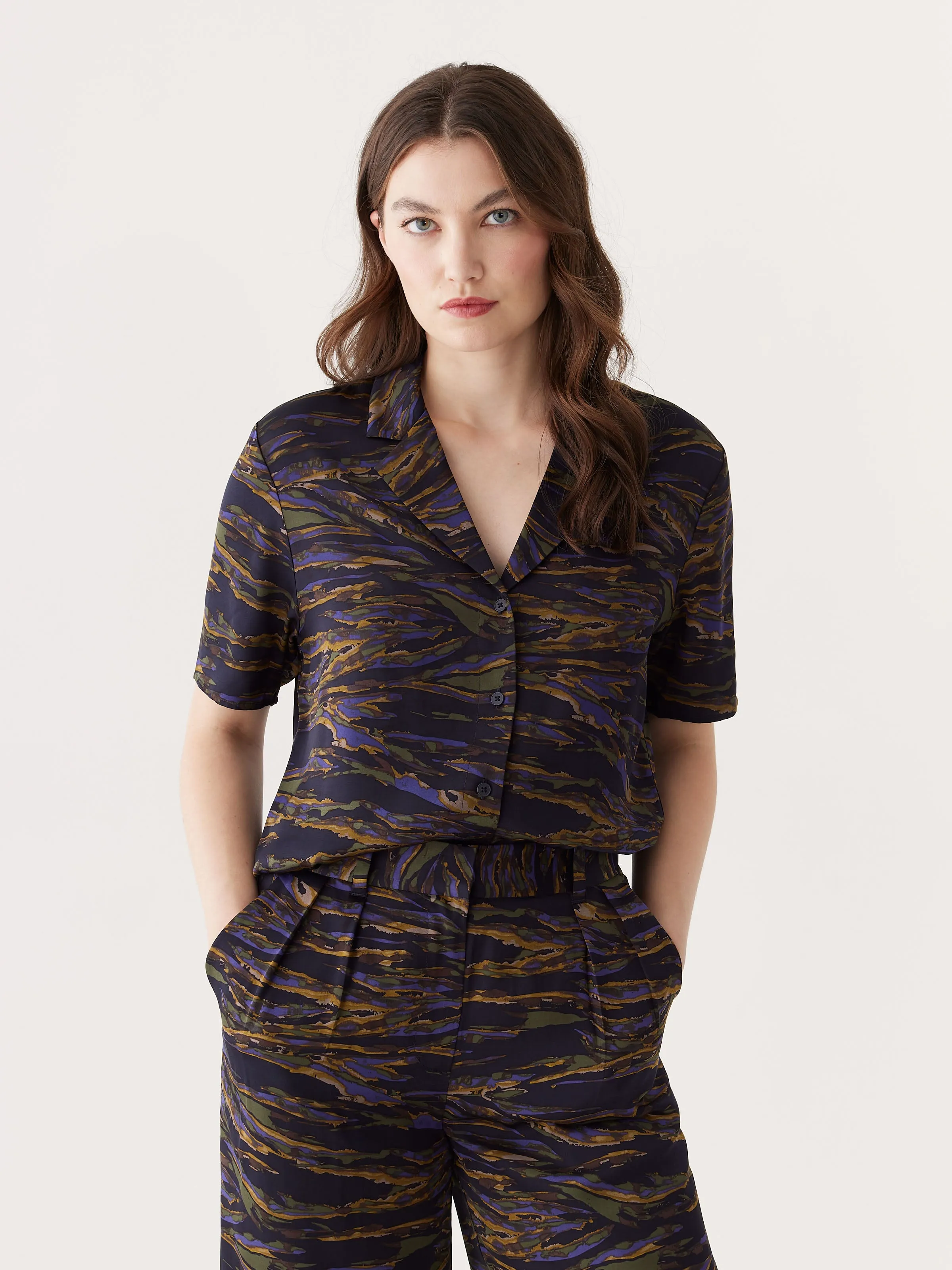 The Printed Camp Collar Blouse in Dark Blue