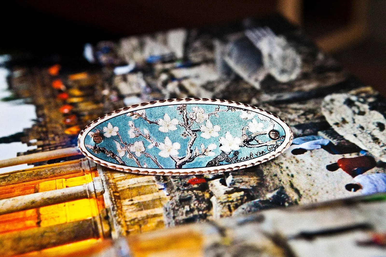 Van Gogh Almond Blossom and Sunflower Copper Barrettes, Handmade in the USA