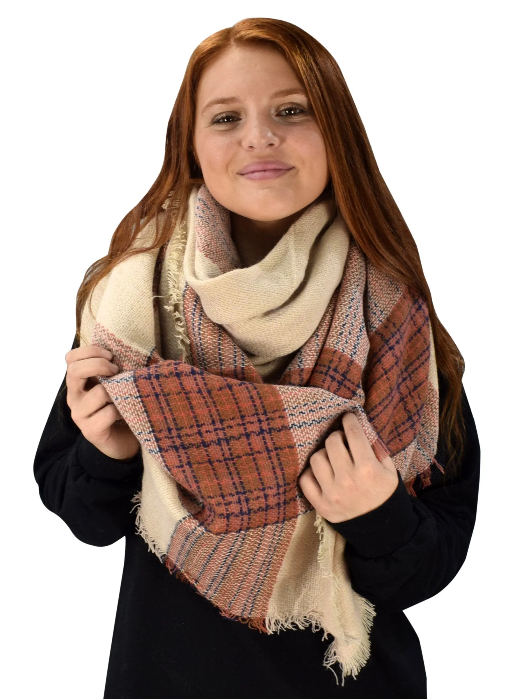 Warm Tartan Plaid Woven Oversized Fringe Scarf Blanket Shawl Wrap Beige