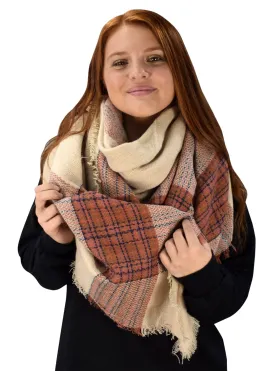 Warm Tartan Plaid Woven Oversized Fringe Scarf Blanket Shawl Wrap Beige
